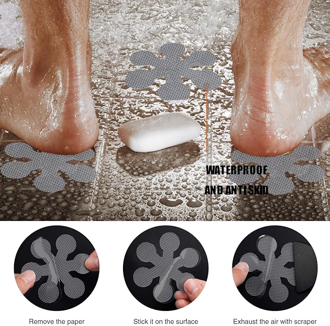 Bathtub Stickers Non-Slip, 12 PCS Grey Safety Shower Treads Adhesive Appliques with Premium Scraper