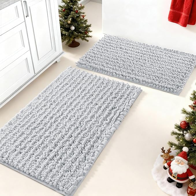 Yimobra Bathroom Rugs Sets 2 Piece - Quick Dry Extra Thick Luxury Chenille Bath Mat, Non Slip Super Absorbent for Tub Shower Sink, Machine Washable Shaggy Floor Mat, 32"x20"+24"x17" Inch, Silver