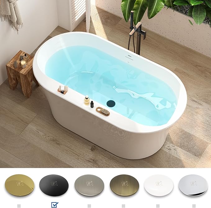 FerdY Mauritius 59" Acrylic Freestanding Tub, Oval Contemporary Soaker Tub, Extra Deep Bathtub, Matte Black Drain and Minimalist Linear Design Overflow, Modern White Bathtub, cUPC Certified
