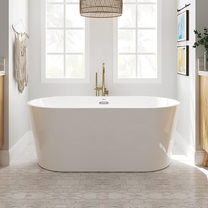 FerdY Shangri-La 59" Acrylic Freestanding Bathtub, Classic Oval Shape Acrylic freestanding tub Modern White, cUPC Certified, Chrome Drain and Classic Slotted Overflow Included