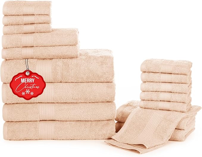 Ample Decor Bathroom Towel Set of 18-4 Hand Towel, 4 Bath Towel, 10 Wash Cloths - Oeko Tex Certified 600 GSM 100% Cotton - High Absorbency Quick Drying, Ideal for Gifting - Beige