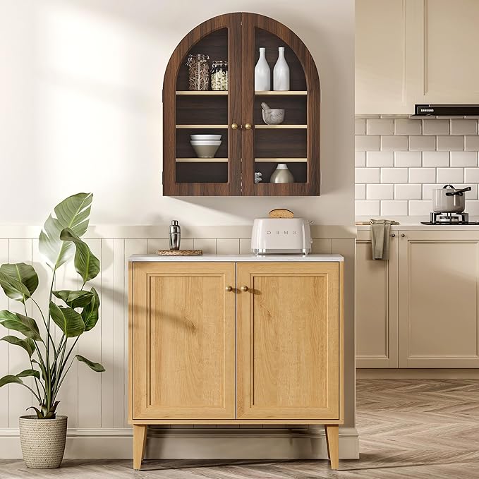 Large Arched Bathroom Wall Cabinet Wooden Medicine Cabinet with Acrylic Doors Farmhouse Wall Mounted Cupboard Display Storage Organizer for Laundry Room, Dining Room, Brown