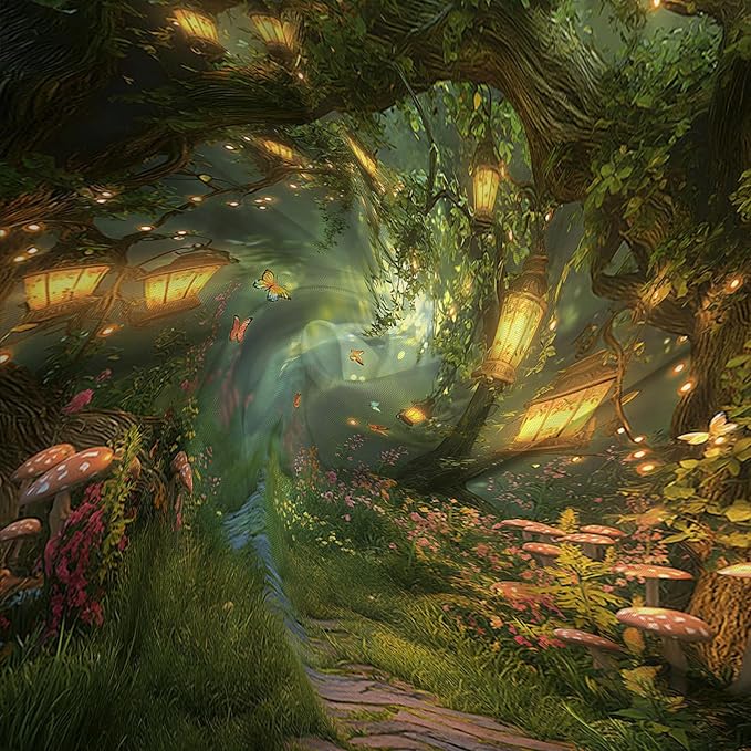 Fantasy Forest Path Shower Curtain Fairy Magical Enchanted Misty Jungle Mushroom Floral Tree Butterfly Lantern Wonderland Plant Bath Curtain Fabric Bathroom Accessories Decor with Hooks 75W x70L