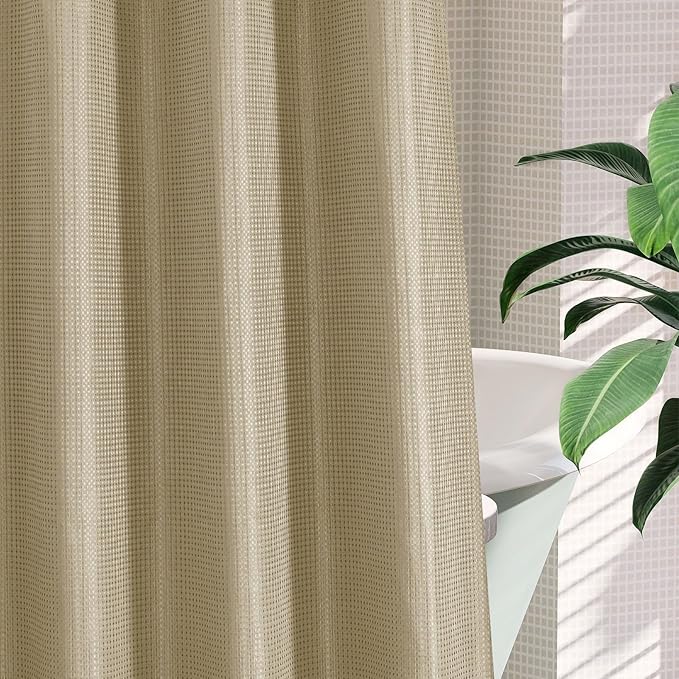MitoVilla No Hooks Needed Beige Waffle Shower Curtain Liner Set, Modern Waffle Weave Heavy Duty Fabric Cloth Shower Curtain with Snap-in Liner for Luxury Neutral Hotel Spa Bathroom Decor 72 x 74