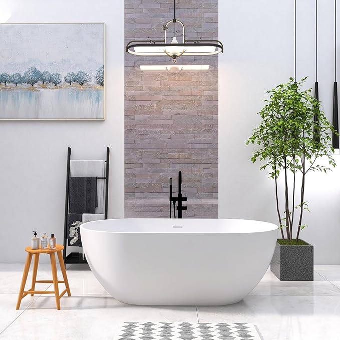 59'' Freestanding Tubs Bathtub Bathroom Solid Surface Resin Stone Bathtubs soaker Tubs Oval Shaped Matte Luxury Modern Soaking Tub with Overflow and Pop-up Drain - White