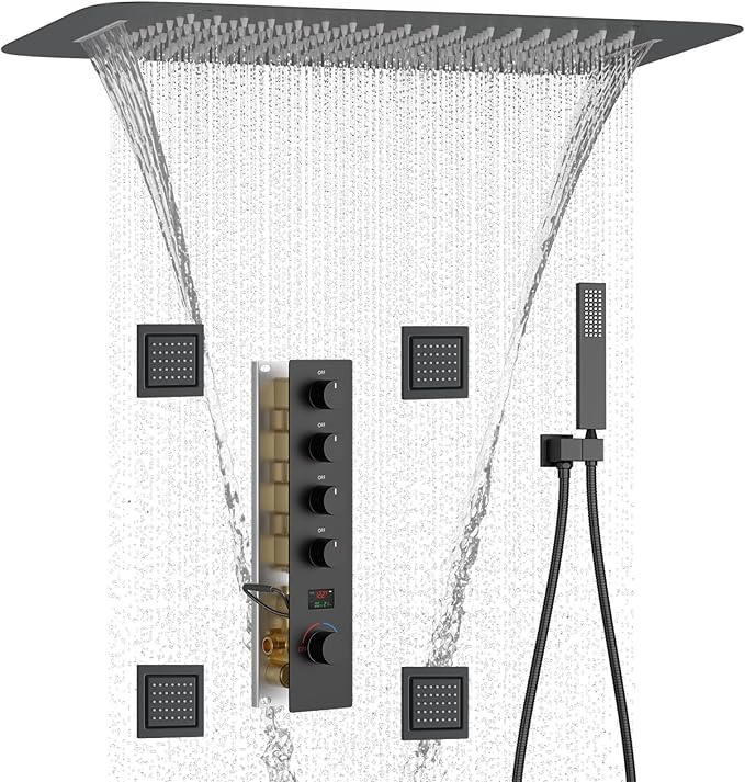 Matte Black Digital Display Shower System with 16X24 inch Ceiling Overhead Shower Head(Rain & Waterfall Two Modes), 4 PCS Body Jet and Handheld Spray
