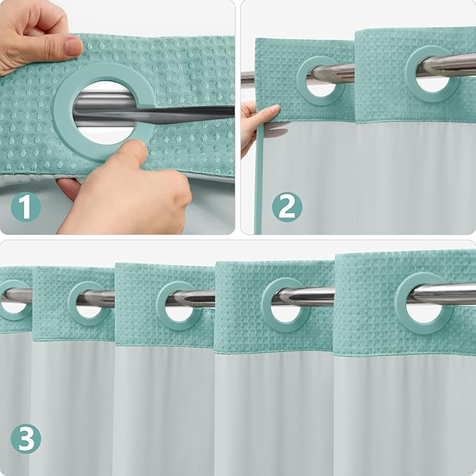 No Hook Waffle Weave Shower Curtain Set with Snap-in Fabric Liner and Mesh Top Window,256GSM Heavy Duty Fabric,Turquoise Washable Luxury Shower Curtain for Bathroom Stalls (72x75 Inch)