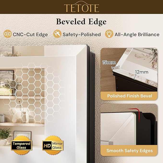 TETOTE 20 x 32 Mirrored Medicine Cabinets for Bathroom with Tempered Beveled Mirror Black Medicine Cabinet Aluminum Cabinet DTC Hinges, Stepless Adjustable Shelves, Recessed/Surface-Mounted
