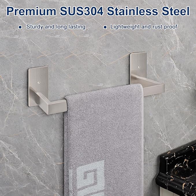NearMoon Self Adhesive Bathroom Towel Bar, Stainless Steel Square Bath Wall Shelf Rack Hanging Towel Stick On Sticky Hanger Contemporary Style, Towel Rack Wall Mounted (12 Inch, Brushed Nickel)