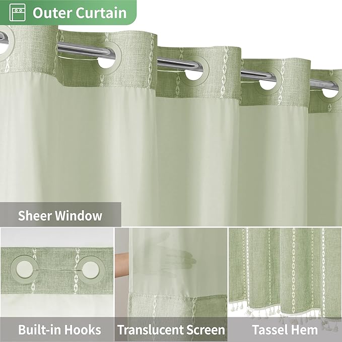 No Hook Extra Long Shower Curtain Set with Snap-in Liner,Linen Textured Thick Striped Fabric with Tassels,Boho Chic Modern Farmhouse Bathroom Curtain,Water-Repellent,Sage Green,71x86