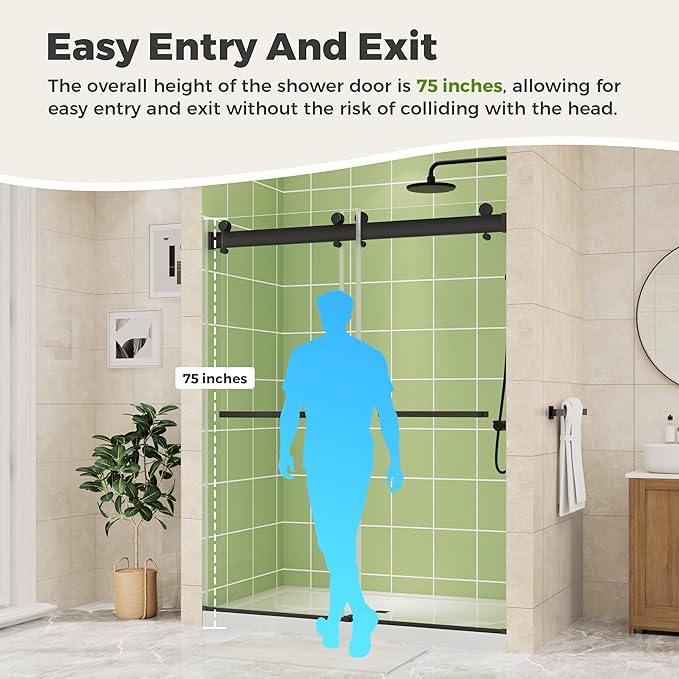 DELAVIN 44-48" W x 75" H Double Sliding Shower Door, Black Shower Door, 1/4" (6mm) SGCC Tempered Glass, Noiseless Shatterproof Shower Doors with Square Rail, Stainless Steel, Aluminum
