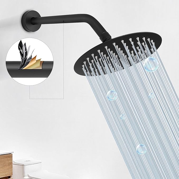 HarJue Shower Arm with Flange and Teflon Tape, Wall Mounted Shower Pipe 304 Stainless Steel Extension Arm for Fixed Shower Head & Handheld (12 Inches, Matte Black)