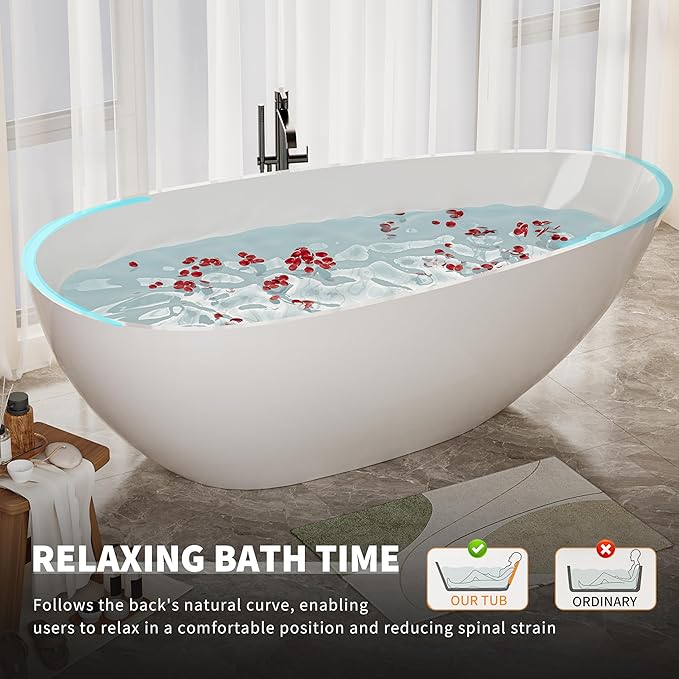 Abruzzo 59“ Solid Surface Freestanding Bathtub, Egg Shell Shaped Stone Resin Freestanding Tubs, Contemporary Oval Soaking Tubwith Overflow in Glossy White, cUPC Certified