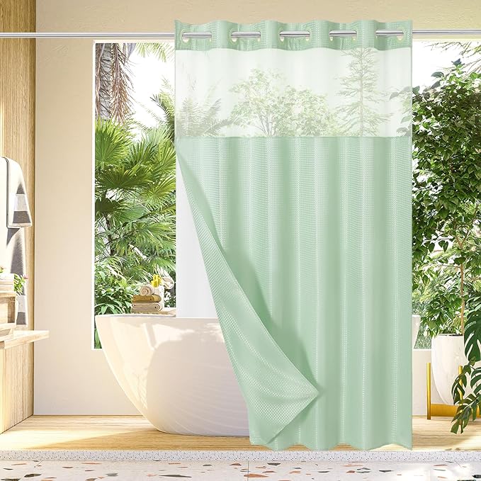 Gibelle No Hook Waffle Weave Shower Curtain with Snap-in Fabric Liner Set for Bathroom, Hotel Style with Mesh Top Window, Waterproof & Washable, Mint Green, 72x74