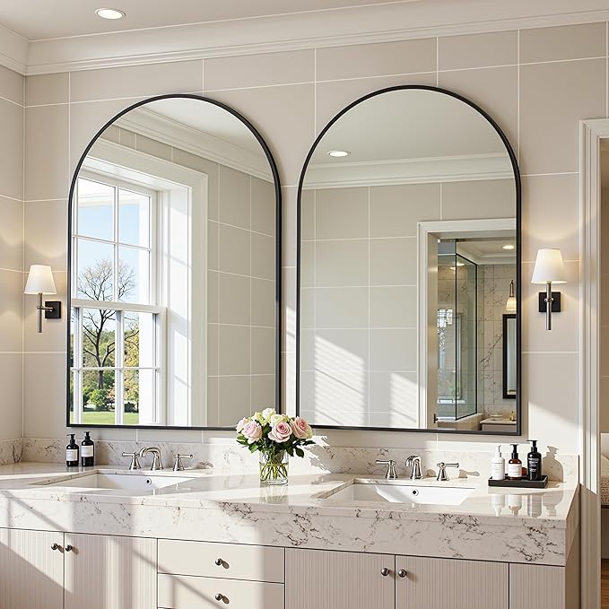 Arched Mirror 24"x36", Bathroom Mirror, Wall Mounted Vanity Mirror with Arch Metal Frame for Bathroom, Over Sink, Bedroom, Living Room, Flat Frame, Black
