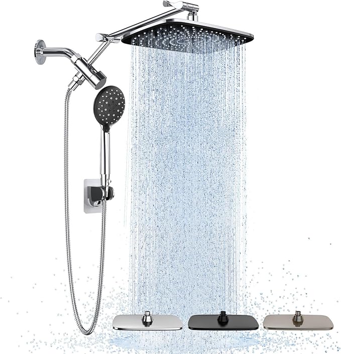 Veken Wide High Pressure Rain Shower Head with Handheld, Handheld Shower Heads with Multi Spray Modes, Rainfall Combo with 15" Metal Extension Arm,Detachable Dual Shower, Bathroom Decor,Chrome Silver
