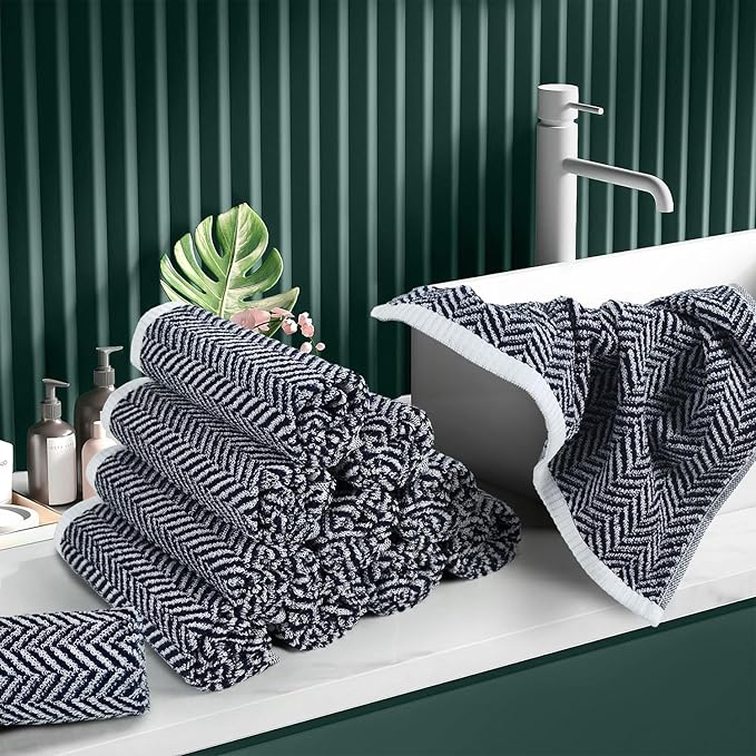Cleanbear Wash Cloths for Showering with Striped Herringbone Patterns, 12 Cotton Washcloths for Bathroom, Large 13 X 13 Inches, Navy-Blue