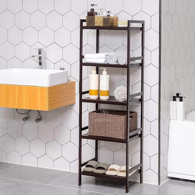 SONGMICS Adjustable Storage Shelf Rack, 5-Tier Multifunctional Shelving Unit Stand Tower, Bookcase for Bathroom Living Room Kitchen 17.7 x 12.4 x 55.9 inches, Holds up to 132 lb, Brown UBCB75BR