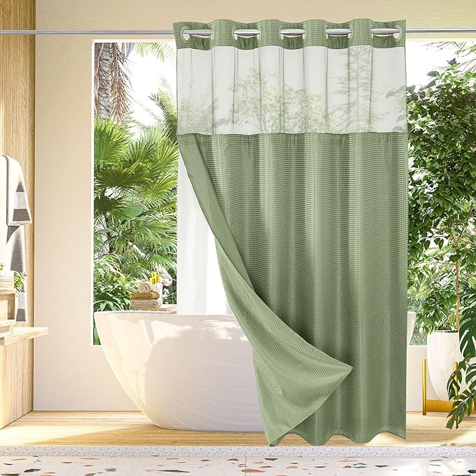 Gibelle No Hook Waffle Weave Shower Curtain with Snap-in Fabric Liner Set for Bathroom, Hotel Style with Mesh Top Window, Waterproof & Washable, Sage Green, 72x74