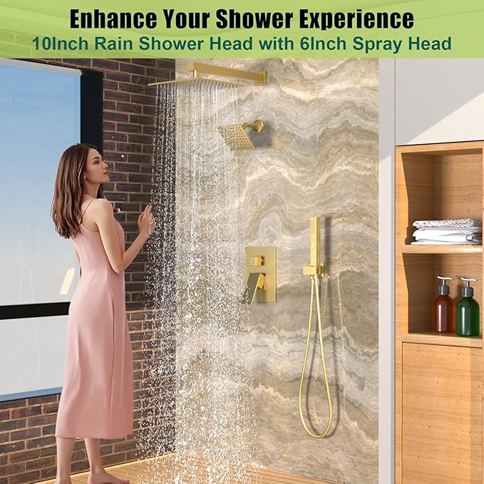 ENGA Shower Faucet Set, Dual Head Shower System 10" & 6" Square Rain Shower Heads with 2 in 1 Handheld Spray, 3 Way Water Diverter, Brushed Gold