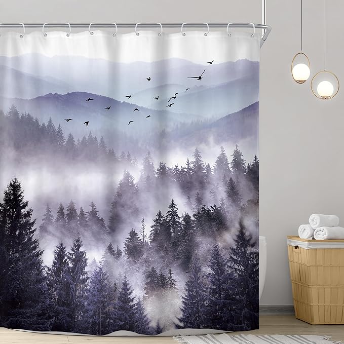 Riyidecor Purple Shower Curtain 72Wx96H Inch Extra Long Mountain Nature Woodland Scenery Park Scene View Foggy Pine Tree Alpine Cool Mens Bathroom Decor Fabric Polyester Waterproof 12 Pack Hooks