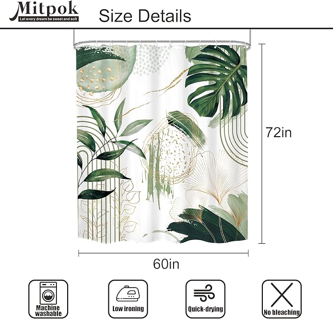 Green Boho Shower Curtain 60Wx72H Sage Green Bohemian Modern Abstract Tropical Palm Leaves Plant Mid Century Bathroom Decor Minimalist Geometric Bath Curtain Fabric Polyester 12 Pack Hooks