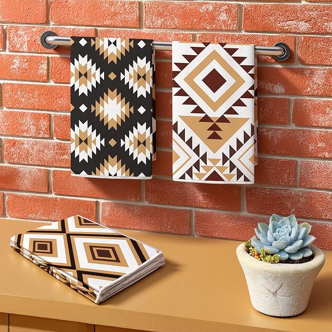 Set of 4 Western Aztec Kitchen Towels Vintage Themed Dish Towel Bathroom Decorative Rustic Cloths for Kitchen Bathroom Home Cooking Housewarming Gifts, 14 x 21 Inch