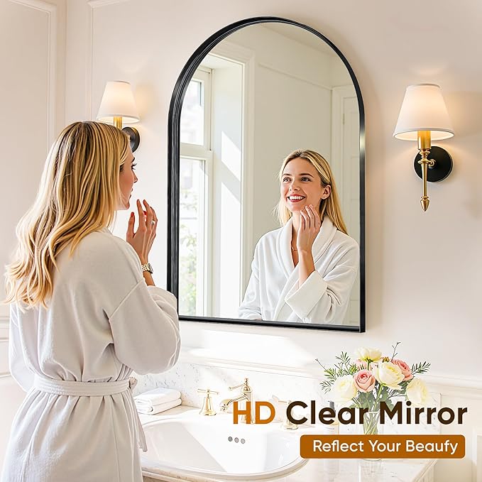 Arched Mirror 22"x30",Bathroom Mirror, Wall Mounted Vanity Mirror with Arch Metal Frame for Bathroom, Over Sink, Bedroom, Living Room, Deep Frame, Black