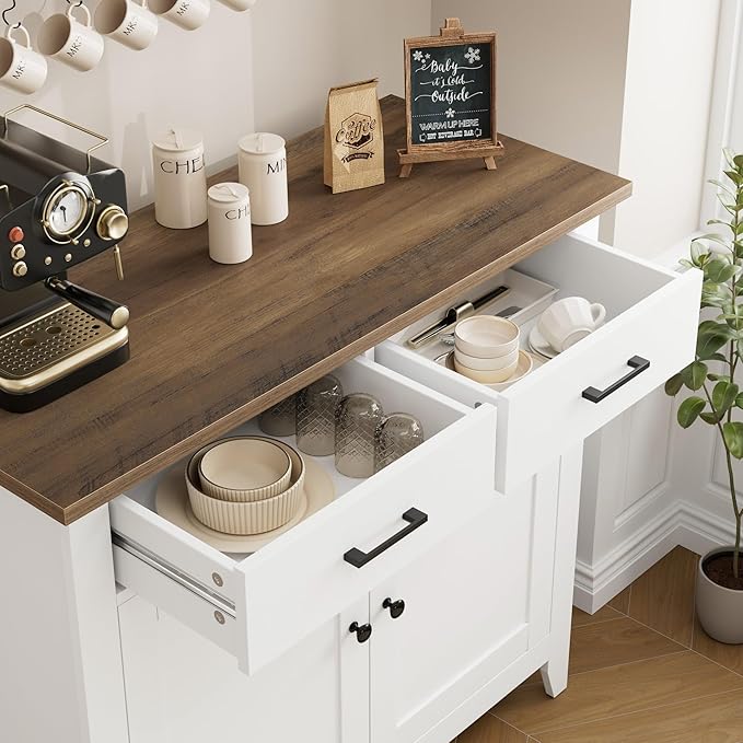 HORSTORS Kitchen Storage Cabinet, Modern Farmhouse Buffet Cabinet with Storage, Coffee Bar with 2 Drawers and 2 Doors, Floor Sideboard Buffet for Living Room, Dining Room, Bathroom, Ivory White