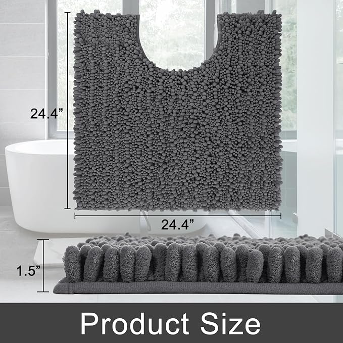 Yimobra Toilet Rug U Shaped Washable 24x24 Inch - Ultra Soft Absorbent Chenille Bath Rugs for Toilet, Quick Dry & Machine Washable, Non Slip Contour Bathroom Mat, Dark Gray