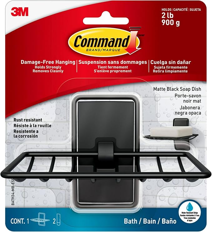 Command Soap Dish for Shower, Damage-Free Hanging, No Tools Soap Holder for Holiday Guests, 1 Matte Black Dish and 2 Water-Resistant Strips