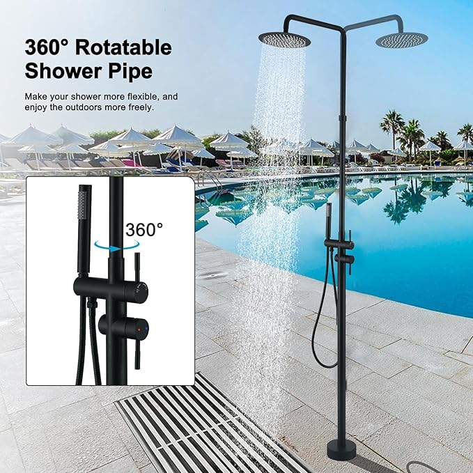 RBROHANT Freestanding Outdoor Shower Black, Height Adjustable Outside Showers for Backyard Garden Pool Beach, Outdoor Shower Fixtures with 10” Rain Shower Head and Handheld, Matte Black, JK0316