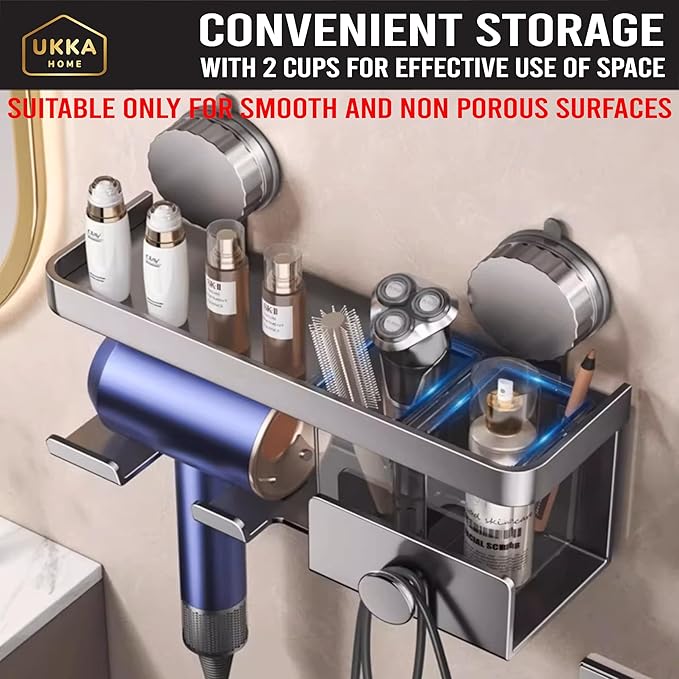 Suction Cup ALUMINUM Hair Dryer Storage Organizer with Shelf & Hooks for Bathroom. Reusable, Rustproof, No Drill, No Tools. Multifunctional, Hang Towel, Loofah, Sponge (2 Cups, Gray)
