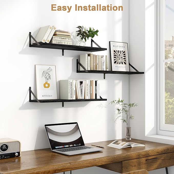 Fun Memories Floating Shelves, 32 x 8 Inches, Set of 3 Wall-Mounted Bookshelves with Metal Brackets, Decorative Storage for Home and Office (Black)
