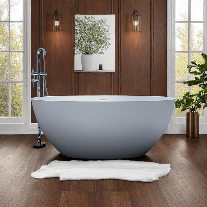 55'' Resin Stone Soaking Bathtub Freestanding Bathtub Solid Surface Modern Tubs with Overflow and Pop-up Drain in White…