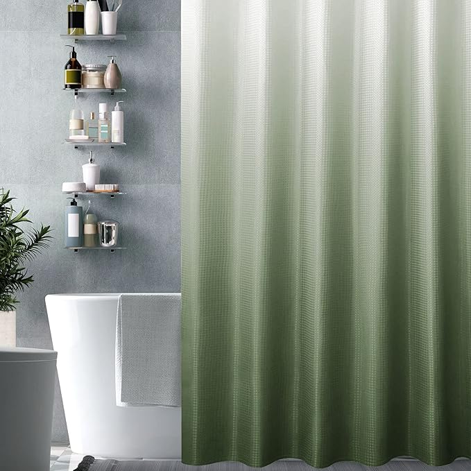 Gibelle Sage Green Shower Curtain, Ombre Shower Curtains for Bathroom, Waffle Weave Textured Fabric Shower Curtain Set with Hooks, Water Repellent and Machine Washable, 72 x 72