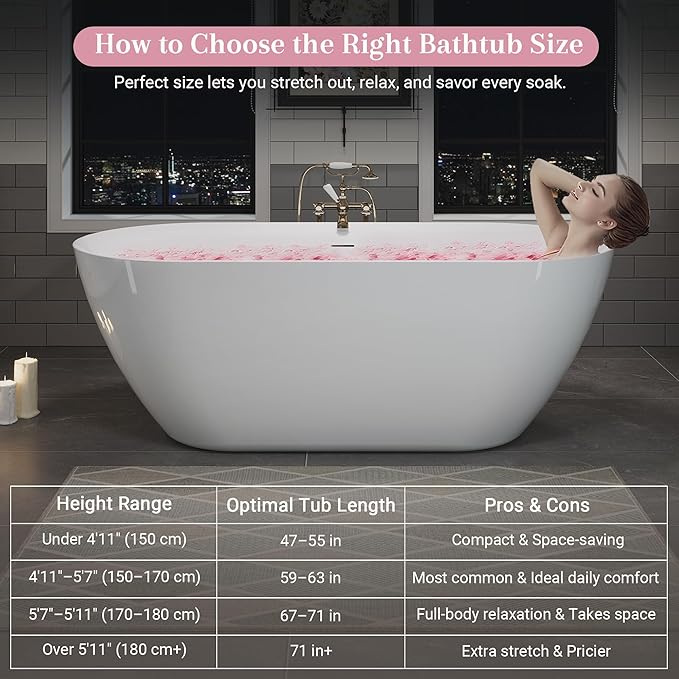 ABRUZZO 60" Acrylic Freestanding Bathtub - Oval Deep Soak Tub, Center Drain & Overflow, cUPC Certified Glossy White