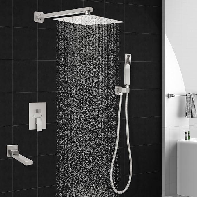 12 inch Square Shower Head and Handheld Set, Gasecoet Shower System with Tub Spout Wall Mounted Shower Faucet for Bathroom - Brushed Nickel (With Shower Valve)