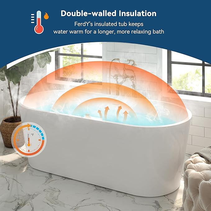 FerdY Shangri-La 67" Acrylic Freestanding Bathtub, Classic Oval Shape Acrylic Soaking Bathtub with Matte Black Drain & Minimalist Linear Design Overflow, Modern White, cUPC Certified