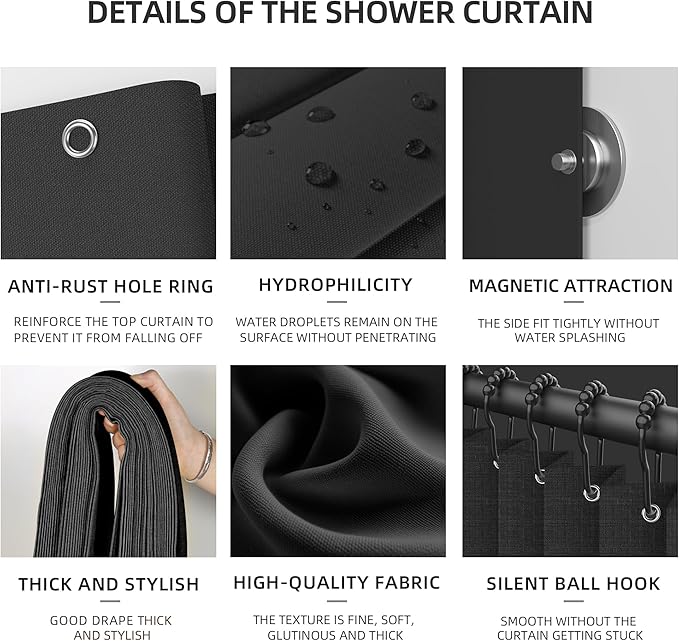 Bathroom Magnetic Folding Shower Curtain, Accordion-Style Shower Curtain, Suitable for Shower Rooms, bathtubs, Hotels or Apartments (Black, W:70*H79.5Inch)