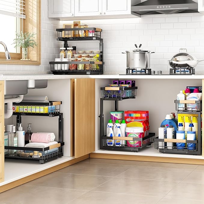 PXRACK 1 Pack Under Sink Organizer,Adjustable Height,2 Tier Pull Out Under Cabinet Organizer,Slide Out Thickened Metal Under Sink Storage for Kitchen Bathroom Laundry Cabinet Pantry,Black(S)
