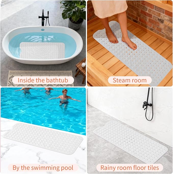 Anti-Slip Bathtub Shower mat, 39.3×15.7 inch（Approximately 100 × 40cm） Soft Oversized Machine Washable Non-Slip Bathtub mat with Drainage Holes, Bathroom Floor Suction Cup.（1-Opaque White）