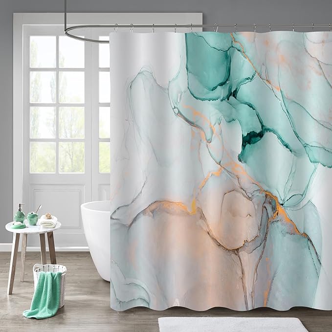 Gibelle Small Stall Shower Curtain 36 x 72, Narrow Half Abstract Grey Teal Marble Shower Curtain, Modern Ink Art Waterproof Fabric Shower Curtain Set with Hooks