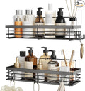 Orimade Shower Caddy with 5 Hooks for Hanging Razor and Sponge Adhesive Shower Shelf Basket Bathroom Storage Organizer Kitchen Rack No Drilling Stainless Steel Rustproof - 2 Pack,Black