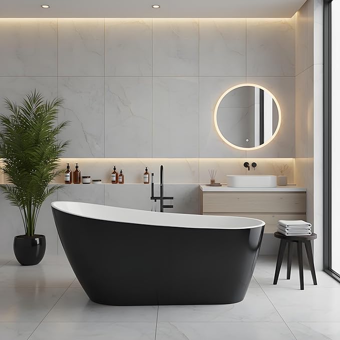 Freestanding Bathtub 67 inch Extra Large – Black & White Acrylic Free Standing Soaking Tub, Deep Stand Alone Tub with Chrome Drain & Overflow, Elegant Stand Alone Tub for Home Spa