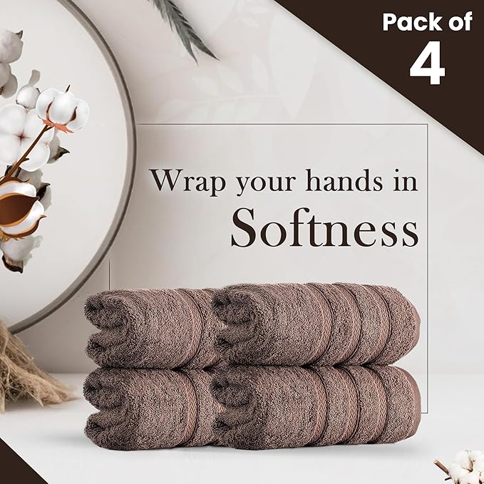 HALLEY Turkish 4 Pack Premium Hand Towels (4 Pieces) 650 GSM Highly Absorbent Super Soft 100% Cotton - 4 Hand Towels (Brown)