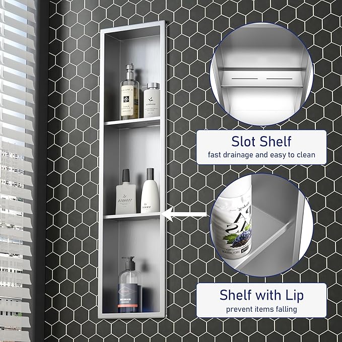 Stainless Steel Shower Niche 8"×36" with 3-Tier Shelves Brushed No Tiled Needed Niche Shower for Bathroom Wall Recessed Shower Shelf for Storage