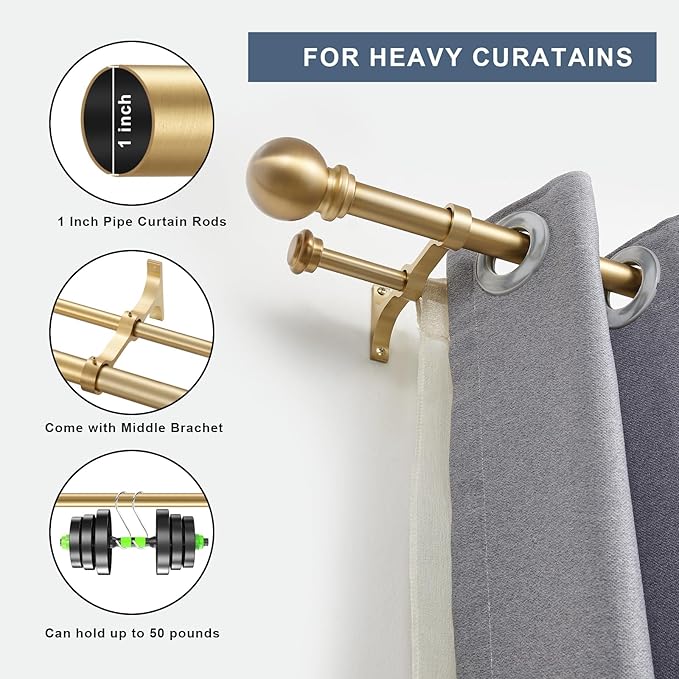 Double Curtain Rod, Adjustable 1 inch Double Drapery Rod Rods for Windows 84 to 120 inch,Ball Round Finials with Brackets Set (84-120",Gold)