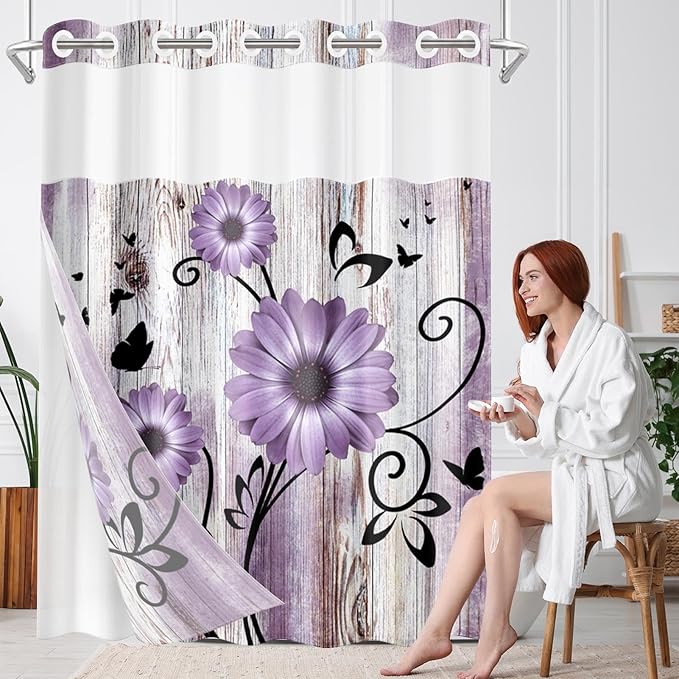 No Hook Purple Flower Shower Curtain with Snap in Fabric Liner Set, Rustic Farmhouse Daisy Double Layers Waterproof Fabric with See Through Top Window Open Grommet Bath Curtain 54x80 Inch