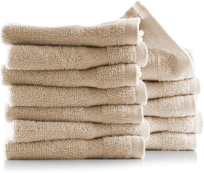 Hearth & Harbor Washcloths 12 Pack - 100% Cotton Washcloth for Body and face, High Absorbent and Soft 13"x13" Body Wash Cloth, Quick Dry - Cream Washcloths